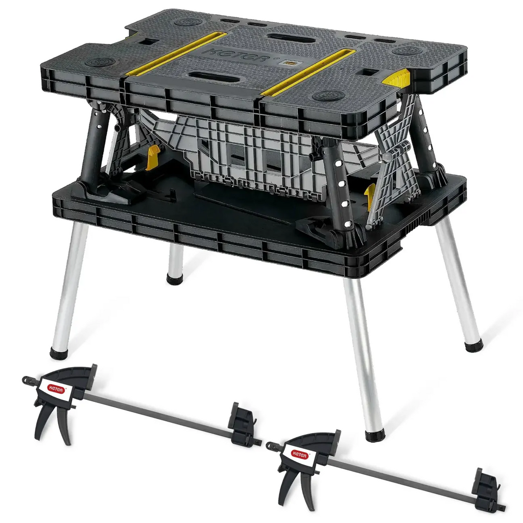 Heavy-Duty Folding Workbench – Portable Work Table with Clamps, Tool Storage, Weather-Resistant Sawhorse Stand