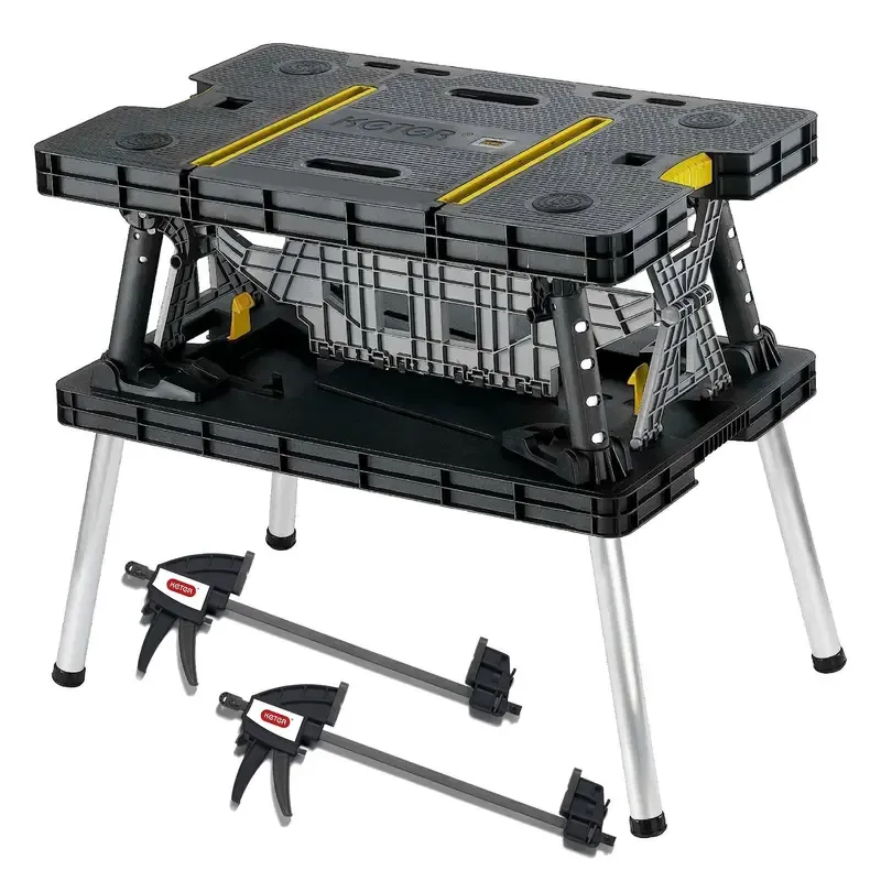 Heavy-Duty Folding Workbench – Portable Work Table with Clamps, Tool Storage, Weather-Resistant Sawhorse Stand