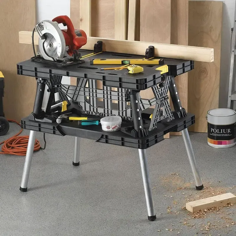 Heavy-Duty Folding Workbench – Portable Work Table with Clamps, Tool Storage, Weather-Resistant Sawhorse Stand