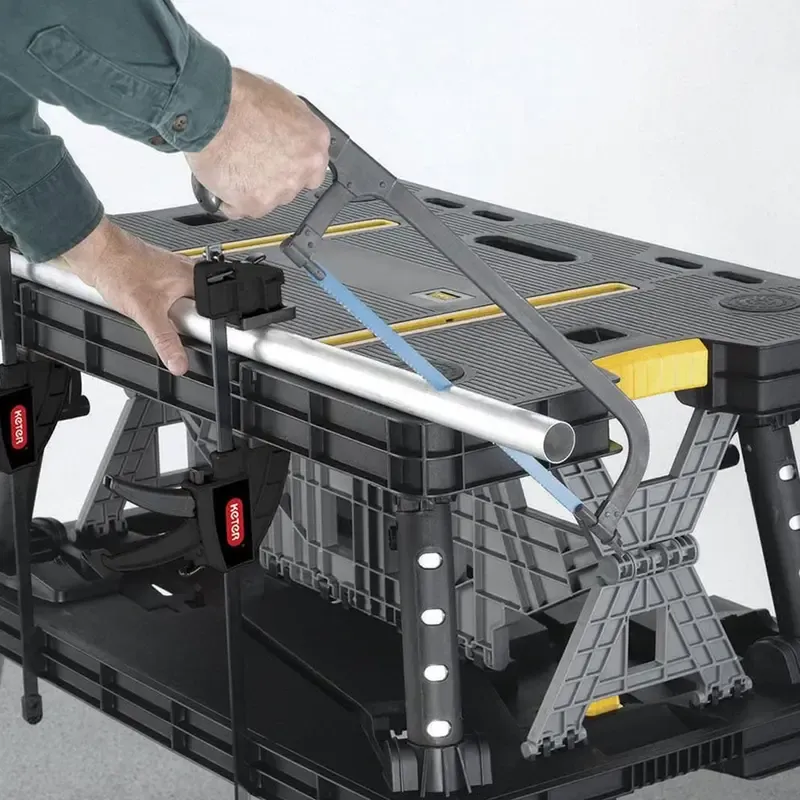 Heavy-Duty Folding Workbench – Portable Work Table with Clamps, Tool Storage, Weather-Resistant Sawhorse Stand
