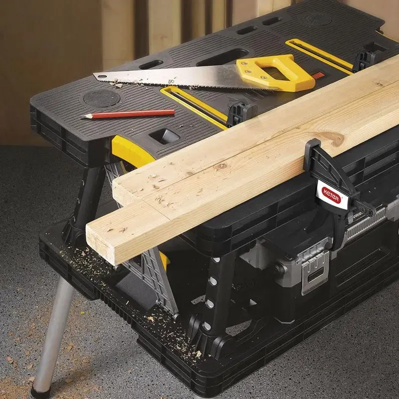 Heavy-Duty Folding Workbench – Portable Work Table with Clamps, Tool Storage, Weather-Resistant Sawhorse Stand