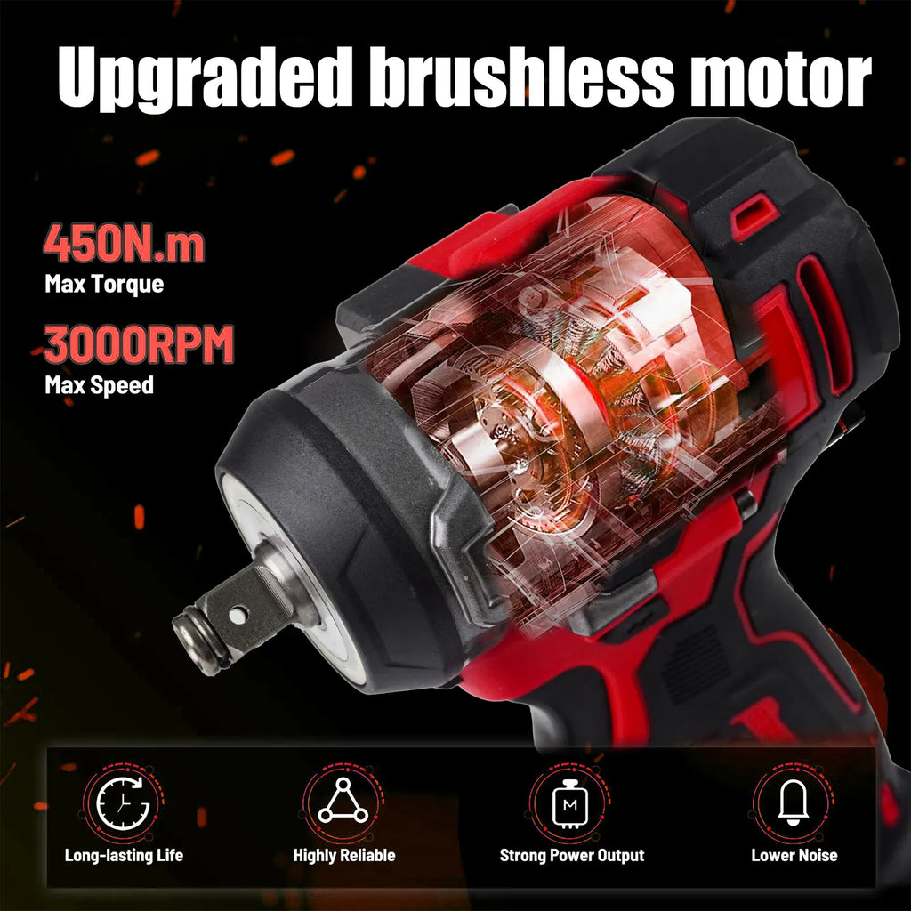 3-in-1 Cordless Brushless Impact Wrench (Tool Only — Battery Not Included) | 450 Nm Power Tool — Ideal for Automotive Repair & Home DIY | Red & Black Design