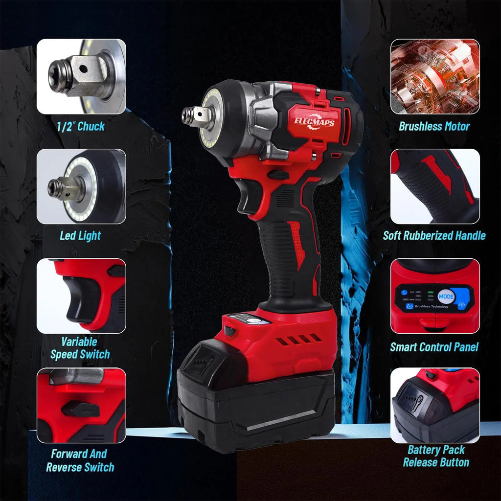 3-in-1 Cordless Brushless Impact Wrench (Tool Only — Battery Not Included) | 450 Nm Power Tool — Ideal for Automotive Repair & Home DIY | Red & Black Design